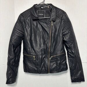 bebe Y2K Women’s Black Faux Leather Moto Jacket Quilted Sleeve Detail